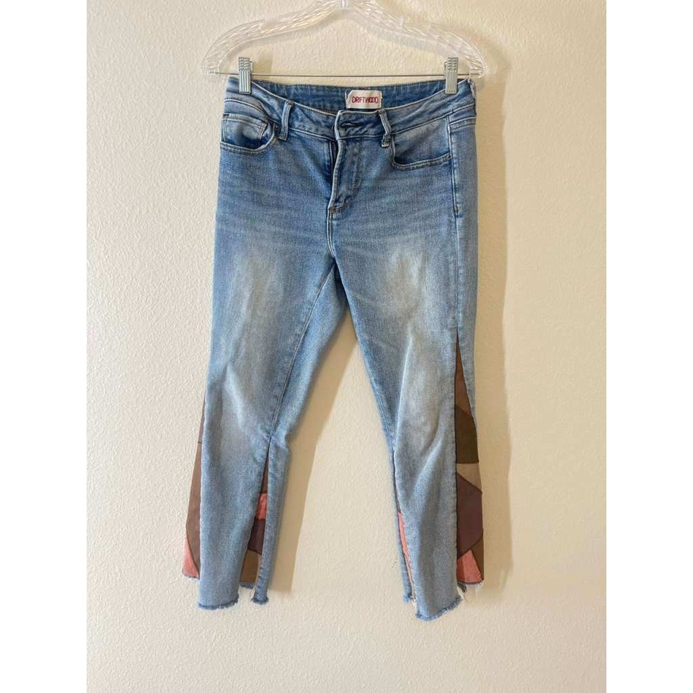 Driftwood Indie Skinny Cropped Jeans 26 Light Wash Blue Colorblock Inset Raw Hem